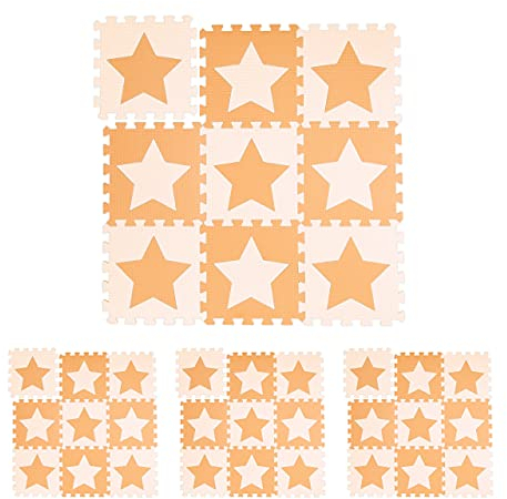 36 TLG. Puzzlematte Sterne, 72 Puzzleteile, Eva Schaumstoff, schadstofffrei, Spielunterlage 3,2 m², orange-beige