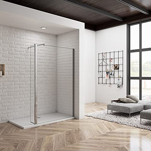Acezanble paroi de douche à l’italienne avec un volet pivotant 60x40x200cm, Walk In, 8mm verre anticalcaire avec une barre de fixation extensible rond