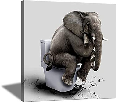 ZHONGYUTONG Badezimmer Bild mit Rahmen Elefant sitzt auf der Toilette Kunstdruck auf Leinwand Lustiges Tier Gemälde Poster Wanddekoration (30x30cm)