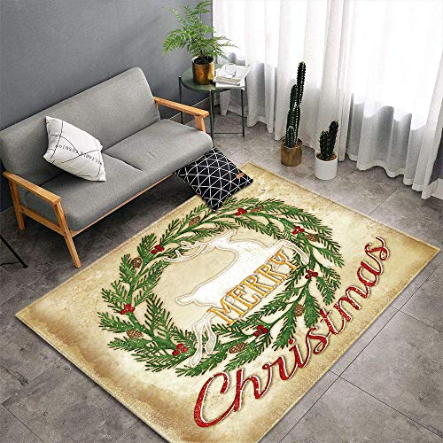 Morbuy Weihnachtsteppich Wohnzimmer Flanell Weich Kurzflor Teppiches, Modernes Design, In- & Outdoor Teppich Waschbar rutschfest Krabbelmatte für Kinderzimmer Schlafzimmer (50x80cm,Weihnachtskranz)
