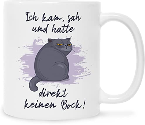 Bedruckte Tasse mit Spruch - Ich kam, sah und hatte direkt keinen Bock V2 - Lustiges Geschenk mit Katze - Geschenke für Kollegen im Büro - Geschenk für Sie & Ihn - Farbe: Weiß