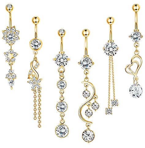 Kakonia Bauchnabelpiercings,6 PCS 14G Piercing Bauchnabel,Bauchnabelpiercing Chirurgenstahl für Frauen CZ Bauchnabelpiercings mit Dangle Zirkonia Curved Piercing Schmuck Barbells