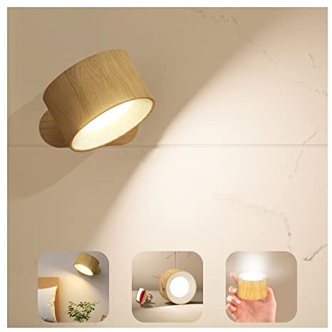 Feallive LED Wandleuchte Innen, Wandlampe mit Akku 1 Stück,Touch Control 3 Helligkeitsstufen, 360° drehbare, für Wohnzimmer Schlafzimmer TreppenhausFlur kabellose wandleuchten Holzmaserung