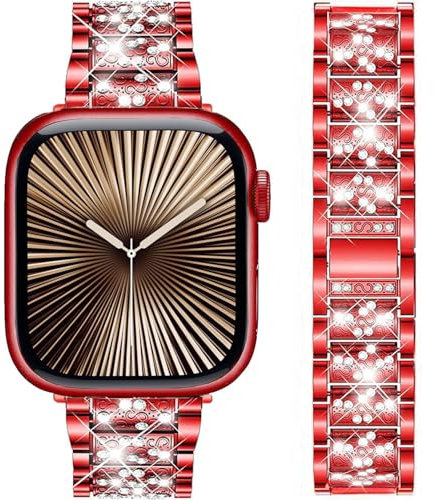 DEALELE Strap Compatible with iWatch 38mm 40mm 41mm, Rhinestone Diamond Metal Replacement Bands for Apple Watch Series 8/7 / 6/5 / 4/3 / SE Women Men, Red, 38/40/41mm