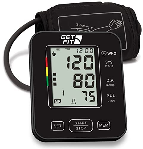 Get Fit Blood Pressure Monitor CE Approved UK for Home Use - Medical Upper Arm Blood Pressure Machine - Heart Rate Monitor - Hypertension Detector - Adjustable 22-42cm Large Adult Cuff - LCD Display