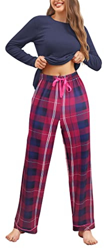 Famulily Pyjama Sets für Damen weiche Lounge Sets O-Ausschnitt Nachtwäsche Oberteile + Bedruckte Karierte Lange Hosen Marineblau XL
