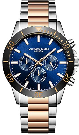 Anthony James ChronographArmbanduhr für Herren, 2farbig, handmontiert, Wasser und Kratzfest, analoge Armbanduhr mit Sekunden, Minuten und 24StundenZähler, analoge Uhren für Herren, 5 Jahre