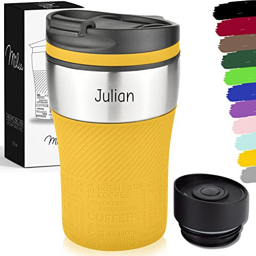 Milu Thermobecher mit Gravur - 210ml - Vatertag Muttertag personalisiert Geschenk mit Namen Ostern Weihnachten für Männer Frauen Mama Papa (Mango, 210ml (+Gravur)