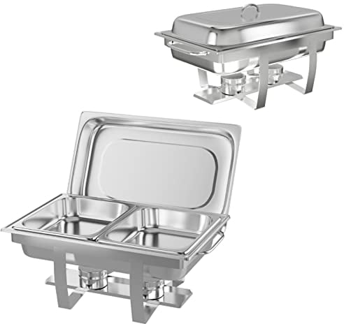 TANGZON 2 Packs Double Chafing Dish Set, 9L Rectangular Stainless Steel Food Warmers with Fuel Holders & Carry Handles, Buffet Server Warming Tray for Caterings Dining Parties