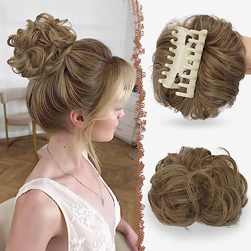 FESHFEN Haarteile Dutt mit Klammer Lockig Wellig Haargummi mit Haaren Klammer Clip in Haarknoten Synthetik Haar Scrunchies Haardutt Haarteile für Damen 1PCS, Hellgoldbraun & Hellgoldblond