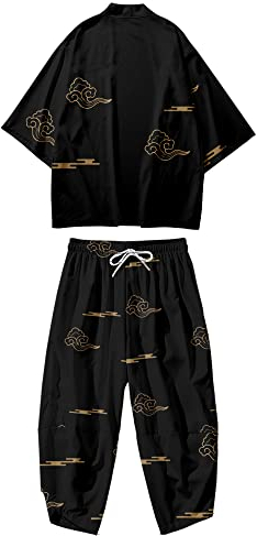 DOSLAVIDA Ensemble de vestes kimono japonaises pour homme - Élégant manteau ouvert sur le devant avec short - Style chinois - Cardigan imprimé, Pantalon-noir 14, Large