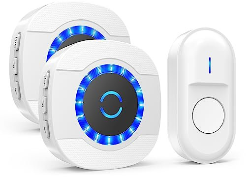 Wireless Doorbell, Waterproof Wall Door Entry Bell Cordless Door Chime Kit with 2 Plug-in Receivers at 1,000feet / 300m Range, 55 Chimes, 5-Level Volume, LED Light (White)