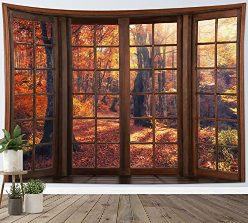 LB Wandteppich Herbstwald Wandtuch Herbstlandschaft aus braunem Fenster Wandbehang Naturbaum mit abgefallenen Blättern Tapisserie für Wohnzimmer Schlafzimmer Wohnheim Wanddeko,235x180cm