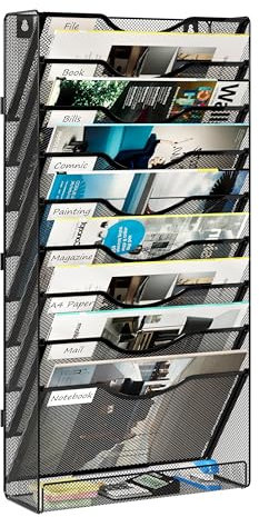 Solinxe 10-Tier Desk Tidy Organiser in Tray, A4 Wall Mounted Document Holder, Vertical Metal Magazine Rack, Wall Hanging Paper Storage Organiser for Office Accessories Stationery Supplies, Black