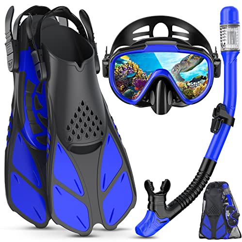 Lealinga Schnorchelset Erwachsene mit Verstellbare Taucherflossen Anti-Leck & Anti-Fog Taucherbrille und Dry Schnorchel, 3 in 1 Professionell Schnorcheln Set für Schnorcheln und Schwimmen