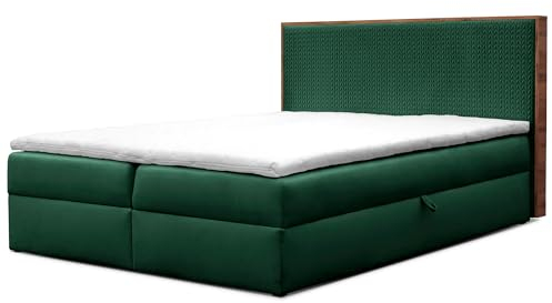 FURNISTAR Boxspringbett Forest mit Bettkästen und Topper Polsterbett Elegante Kopfstütze Bett mit Karomusterprägung Doppelbett mit Matratze Stauraum Schlafzimmer Schlafzimmermöbel (180x200 Grün)