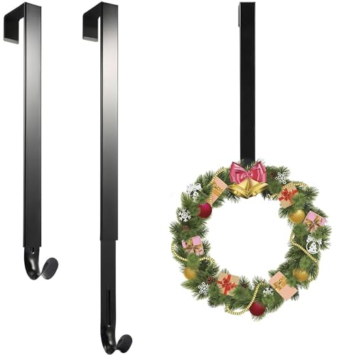 Linwnil 2 Pack Wreath Hanger Adjustable Length from 14 to 26 Inches Wreaths Holder Hook 20LB Heavy Duty for Front Door for Christmas Easter Halloween Decorations Wreath (Black 2pcs) (Black 2pcs)