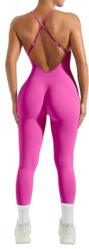 RXRXCOCO Spaghetti Strap Gerippte Jumpsuit Damen Eng Rückenfreie Padded Overall Bauchweg Yoga Sport Einteiler Romper Bodysuit Drachenfrucht M