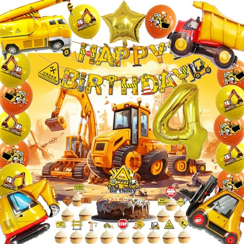 Geburtstagsdeko 4 Jahre Junge Bagger, Gold Folienballon Bagger xxl, Bagger Party Deko Kindergeburtstag 4 Jahre, Bagger Luftballons 4 Jahre mit Tortendeko und Banner (Bagger Geburtstag Deko 4 Jahre)