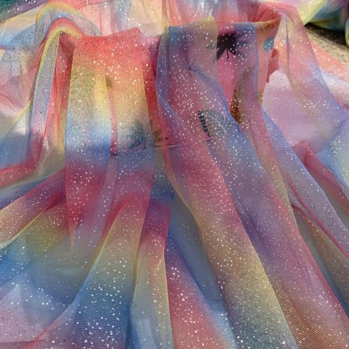 Wambere 100cm x 150cm Regenbogen Tüllstoff Meterware Bastel Tüll Glitzer Netzstoff Netzgewebe Tulle Fabric Tüll Deko Stoffe für DIY Nähen Kunsthandwerk Haarschmuck Kleidungsdekoration,Blau Rosa
