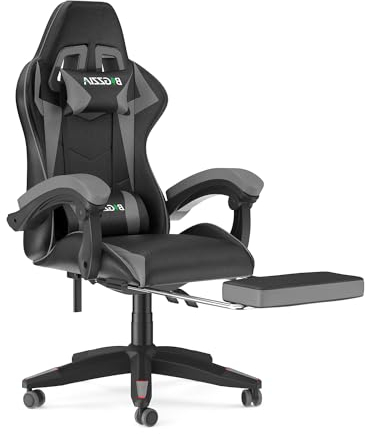 bigzzia Gaming Stuhl mit Fußstütze - Gamer Stühle Ergonomisch mit Lendenkissen + Kopfstütze Gaming Chair Höhenverstellbar Computerstuhl für Erwachsene Mädchen Junge (Grau)