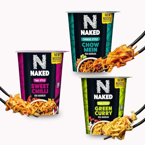 Linenvale Naked Bundle Egg Noodles - Thai Style Sweet Chilli, Chinese Style Chow Mein & Singapore Curry Noodles Pack of 3x75g