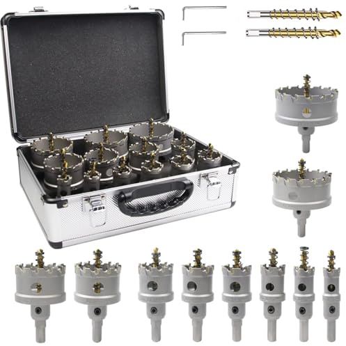 Kit de sierra de corona para metal duro, Corona Metal,Sierra Perforadora De Metal Duro De Alto Rendimiento,14 PCS,16–53 mm con 2 centro piloto con 2 llaves en L para acero inoxidable,hierro,aluminio