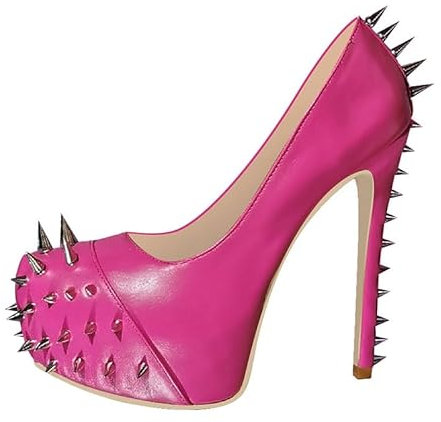 blingqueen Stiletto High Heels Runde Zehen Pumps Plateau Damenschuhe Slip on Punk Stil mit Nieten Pink 45 EU