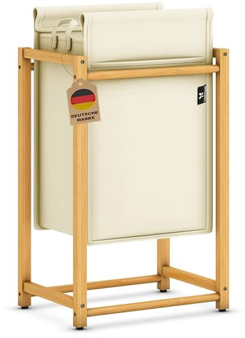AdelDream Wäschekorb Bambus wäschesortierer Wäschewagen mit abnehmbaren Taschen Kleidersammler 80L Beige