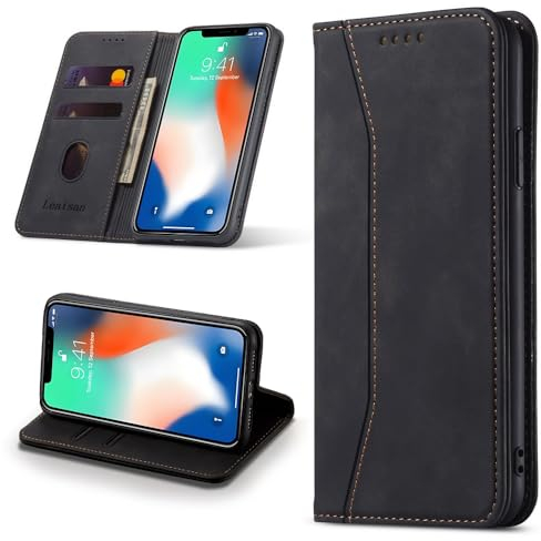Leaisan Handyhülle für iPhone XS/X Hülle Premium Leder Flip Klappbare Stoßfeste Magnetische [Standfunktion] [Kartenfächern] Schutzhülle für iPhone XS/X 5,8 Zoll Tasche - Schwarz