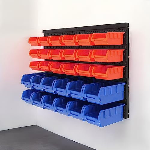 iropro Wall Mounted Storage Bins, Garage Tools Storage Boxes, Includes 12pcs Big Blue Box and 18pcs Small Red Drawer, Plastic DIY Workshop Pegboard Rack for Small Parts, Screws