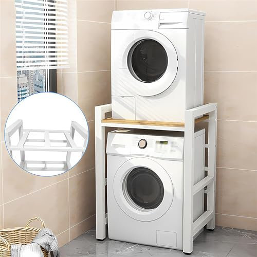 YDEHUEAD Drum Washing Machine Storage Rack, Height Adjustable Dryer Stand - Stacking Kit with 600KG Load Capacity - Over Washer Storage Rack for Front Loader Washing Machines Tumble Dryers (White)