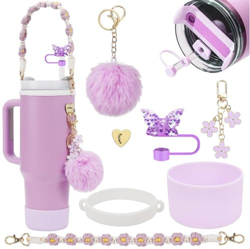 HDKAJL 7-Piece for Stanley Cup Accessories Set Purple – Fits 40oz/30oz for Stanley Classic Water Bottles, Includes Pom Pom Charm, Silicone Base Protector, Bohemian Weave Strap and Straw Cover