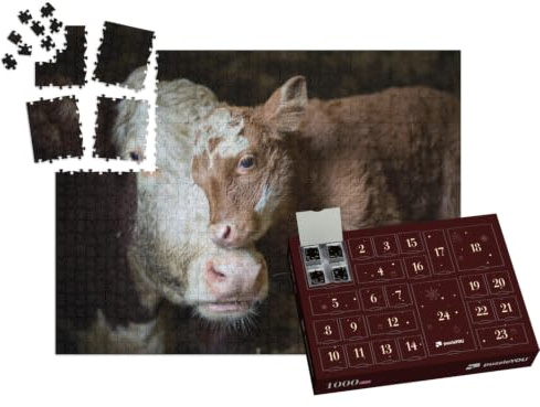 puzzleYOU: Puzzle-Adventskalender | „Kuh und Kalb kuscheln im Stall“ – aus der Puzzle-Kollektion Kühe & Kälber