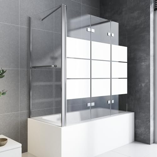 Badewannenaufsatz mit Gestreift 70 x 120 x 140cm Duschwand für Badewanne Duschkabine 6mm Nano Glas Badewannen Duschwand Faltbar Badewanne Duschtrennwand mit Seitenwand 3-teilig Faltwand