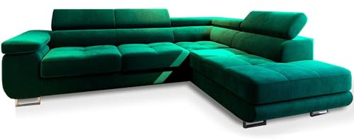Masseno Ecksofa Selva R-S mit Schlaffunktion L-Form, Sofa mit Bettkasten, Wohnzimmersofa, Couch, Soffa, Bettsofa, Couchgarnitur- Grün, Monolith 37