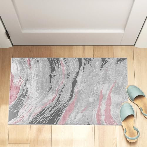 renoazul® Soft Pile Indoor Mats For Front Door - Jeze Abstract Pink Rug - 60 x 110 cm - Washable Inside Door Mat, Corridor Rug and Welcome Mat