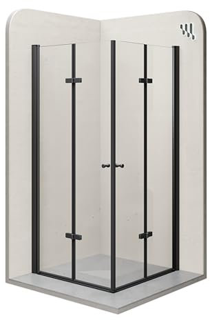 Mampara de Ducha Emma 70x70x180cmcm | REVERSIBLE | Puertas plegables, Ajuste 68,5-70,5 x 68,5-70,5cm | Perfiles negros, Cristal transparente de 6mm - Moments of Glass