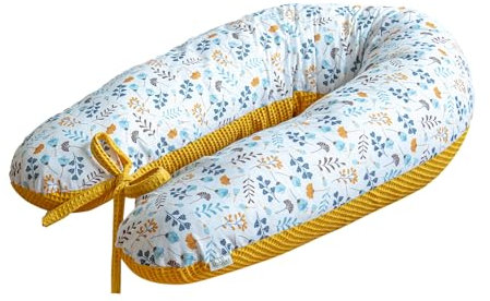 LOOLAY Schwangerschaftskissen - Stillkissen 190 cm - Seitenschläferkissen 100% Baumwolle - mit Abnehmbarem Bezug - Ergonomisches Schwanger Kissen für Schlafen (Senfgelb Waffel/Turkis-Gelb Wiese)