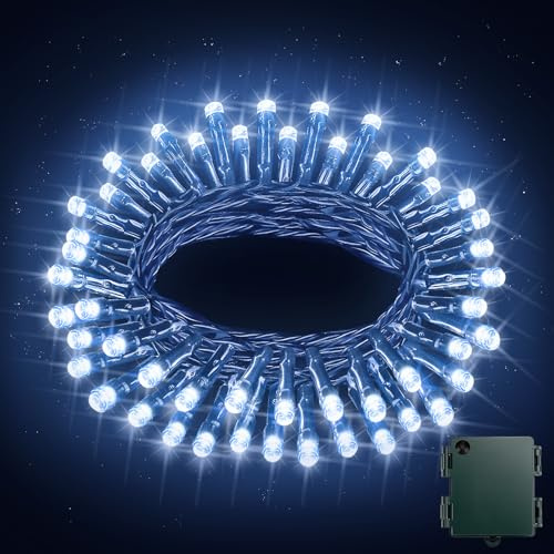 Buudala 5M 50LED Kaltweiß Lichterkette Batterie für Außen Innen, 8 Modi IP44 Wetterfeste Weihnachtslichterkette mit Timer für Garten, Party, Weihnachtsbaum, Zimmer Deko - Grünes Kabel