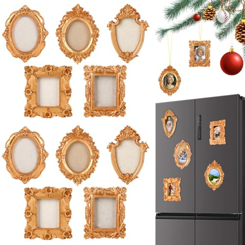plaCredgai 10 Pcs Mini Vintage Magnetic Frames Small Vintage Picture Frames with Rope and Fridge Magnet for Christmas Decor, Refrigerator Display, and Vintage Style Picture Keeping (Gold)