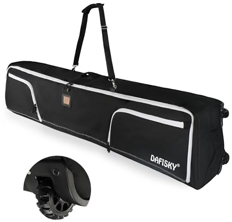 DAFISKY Skitasche zum Rollen, gepolsterte Snowboard-Tasche für Flugreisen mit Rollen, passend für 2 Sets, Ski, Einzel-Snowboard