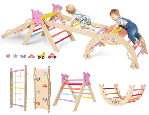 COSTWAY 8 en 1 Triangle d'escalade Enfant Pliable sur Thème Licorne avec Rampe & Échelle, Arche d'escalade Montessori en Bois Hêtre avec 6 Blocs & Labyrinthe, Aire de Jeux Intérieur pour 1 an+