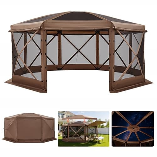 VEVOR Tente Moustiquaire Tonnelle Pop-up 4,57x4,57 m Tente Moustiquaire Pliante 12-15 Personnes Abri Solaire 8 Côtés pour Camping en Famille Terrasse Jardin, avec Toit Amovible Sac Transport, Marron