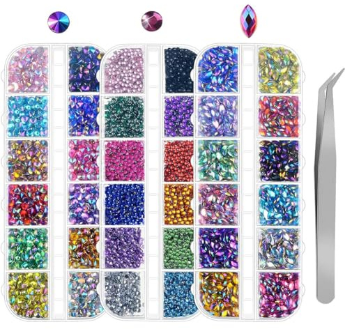 Nail Art Rhinestones Kit, Multicolour Crystal Gem Dia Craft Accessory Flat Back Rivet, Half Round, Horse Eye Diamonds with Pickup Tweezer for Nail Decoration Facial Make Up