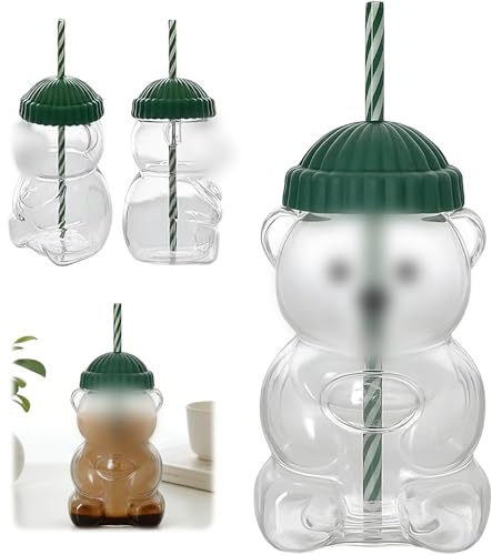 HIULLEN 2025 New Bear Straw Cup, Bear Glass Cup with Straw, 20oz Clear Bear Straw Cup, Reusable Glass Tumbler with Lid for Iced Coffee, Juice, Milk Tea, and Wine Beverages, Dishwasher Safe