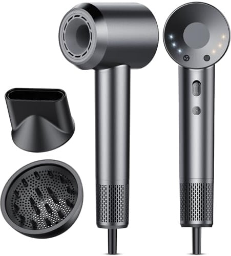 Asciugacapelli, 160.000 Giri/min Phon Capelli Professionale con 500 Milioni Ioni Negativi, 3 Velocità & 4 Temperature, Basso Rumore, Diffusore Magnetico e Ugello Inclusi