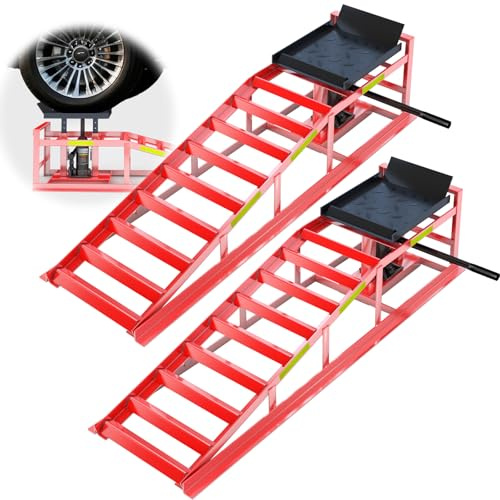 2 PCS 5-Ton/5000kg Heavy-Duty Car Ramps,Car Ramp with Hydraulic Jack and Reflective Strips for Safe Nighttime Use,Portable Car Lifts for Oil Changes for Home Garage,Adjustable Height from 24.9-38.1cm