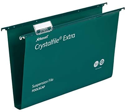 Rexel Foolscap Heavy Duty Suspension Files with Tabs and Inserts for Filing Cabinets, 30 mm base, Polypropylene, Green, Crystalfile Extra, Pack of 25, 70631