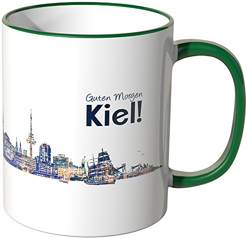 WANDKINGS® Tasse, Schriftzug Guten Morgen Kiel! mit Skyline bei Nacht - GRÜN